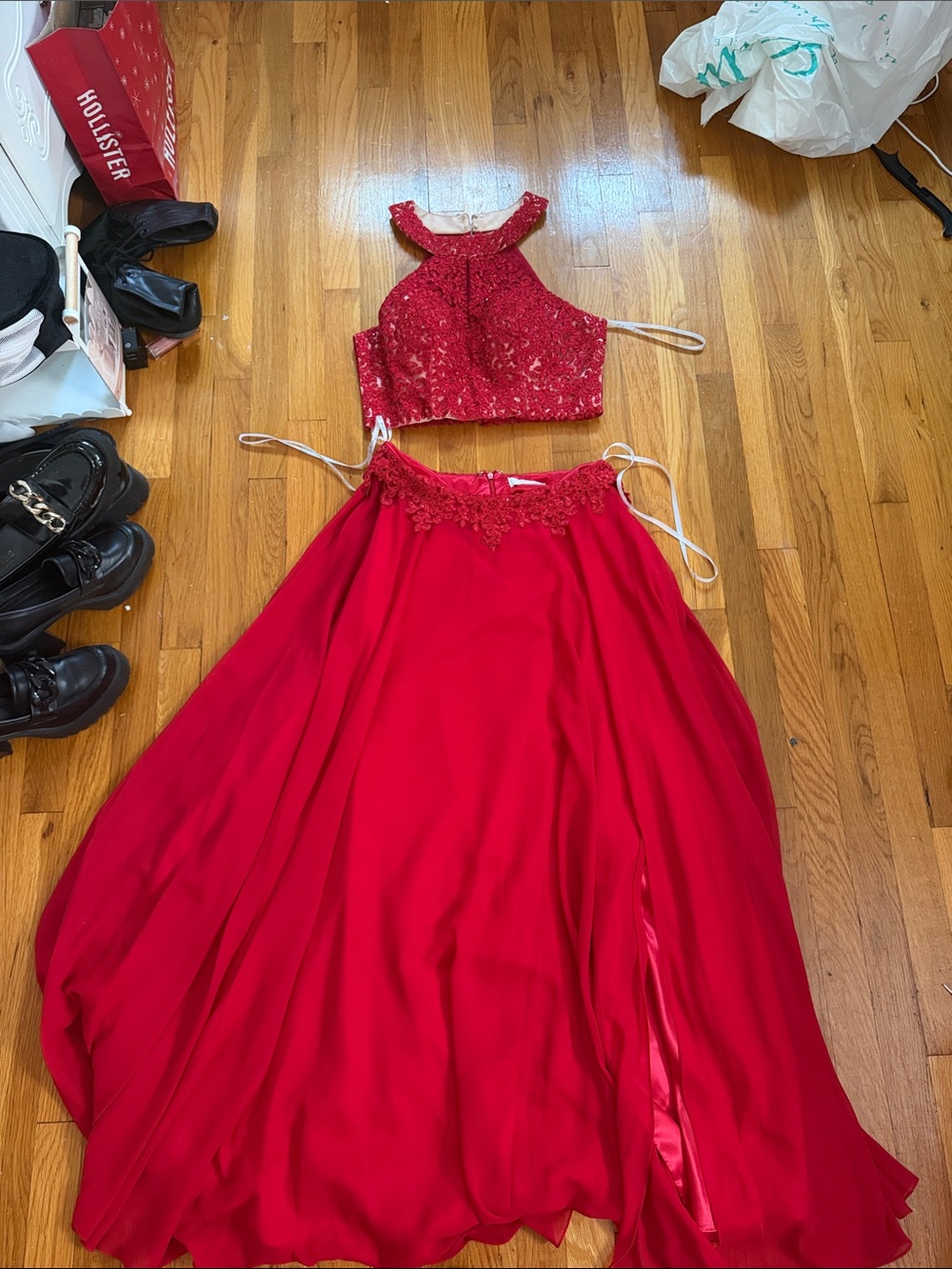 Camille La Vie Red Two-Piece Lace & Chiffon Prom Dress